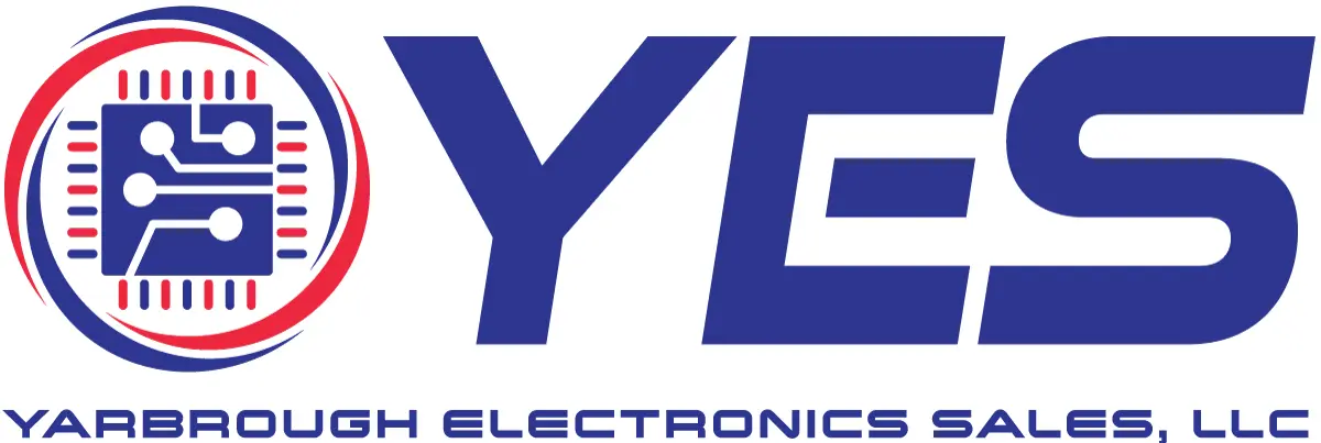 A blue and white logo for yge electronics.