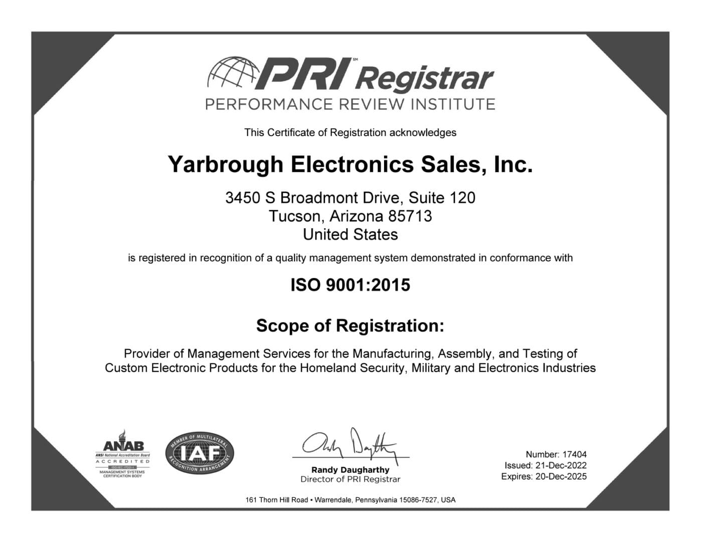 A certificate of recognition for yarbrough electronics sales, inc.